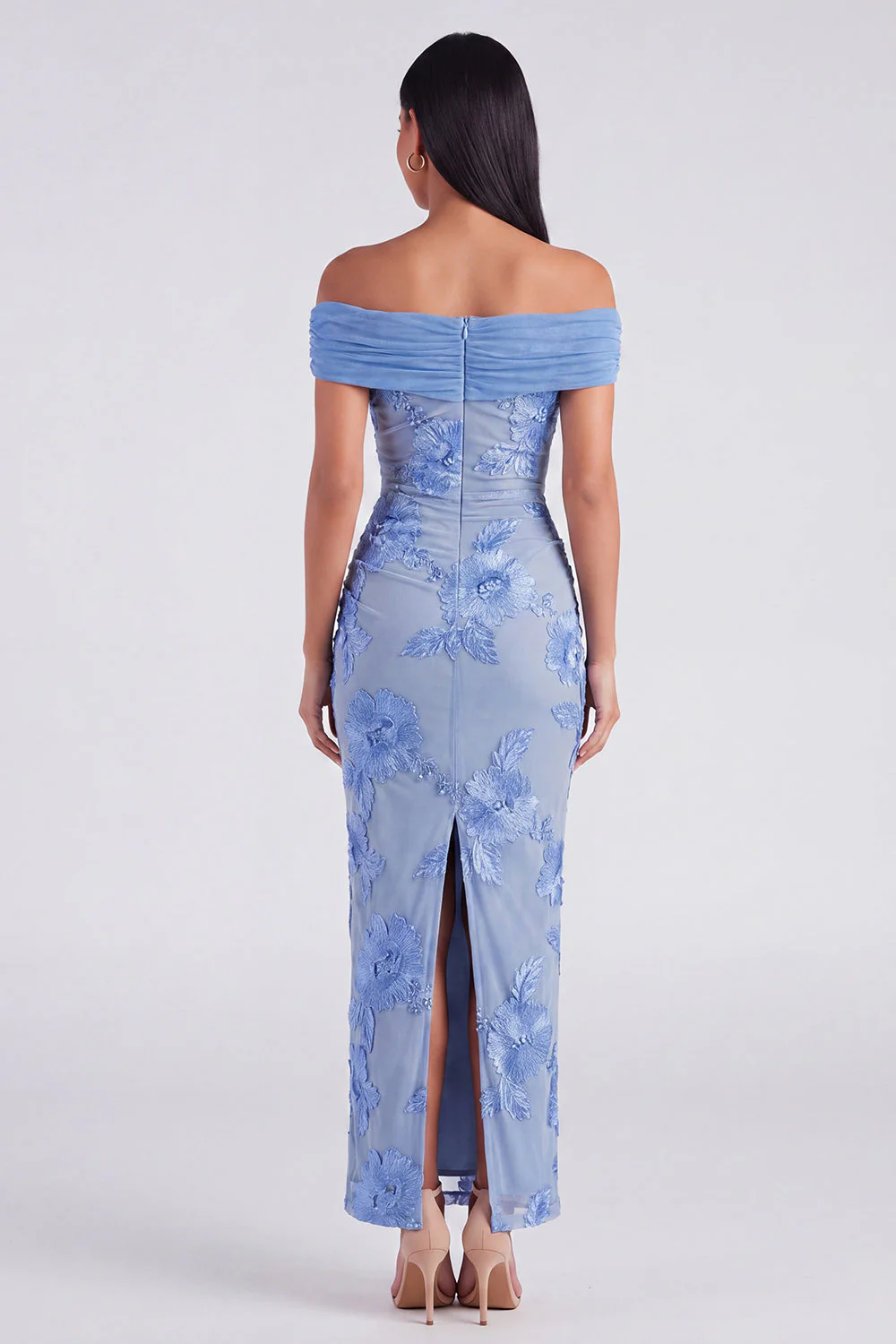 Off the Shoulder Yellow Sheath Embroidered Maxi Floral Dress with Slit - Image 7