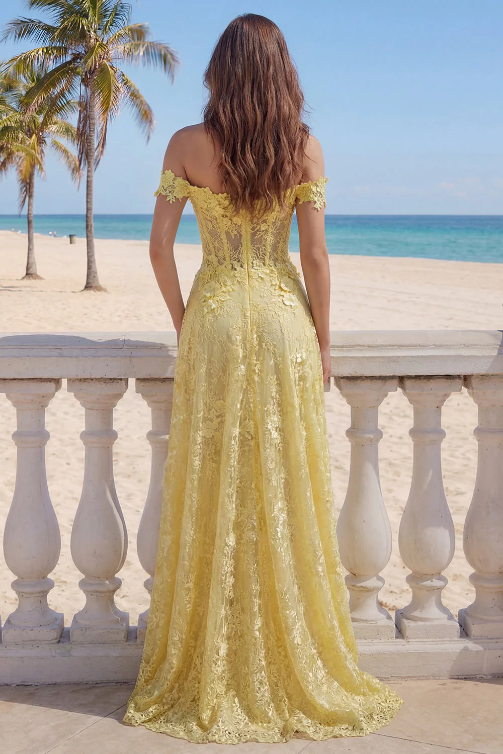 Off the Shoulder Yellow Lace A-Line Corset Long Prom Dress - Image 2