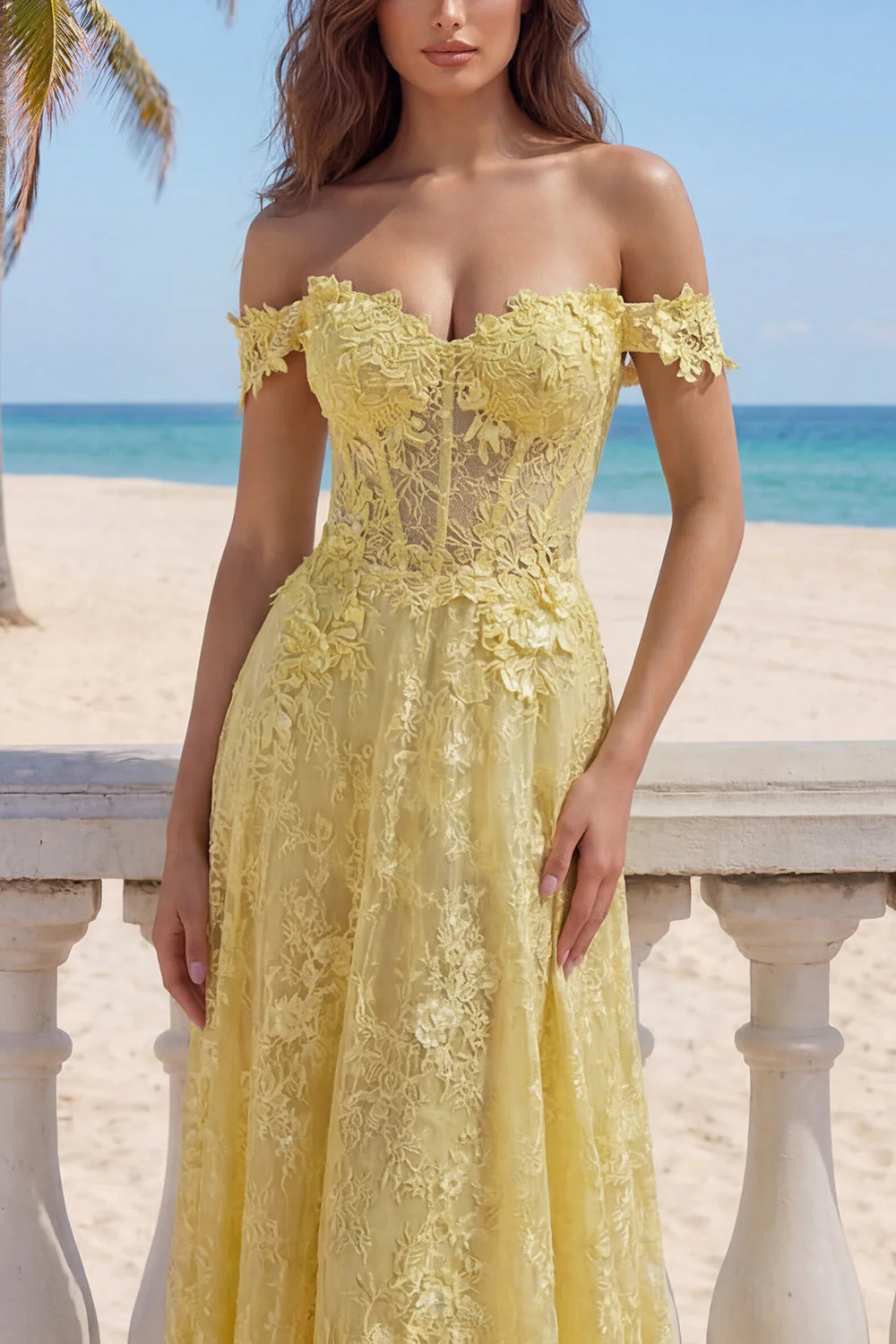 Off the Shoulder Yellow Lace A-Line Corset Long Prom Dress - Image 3