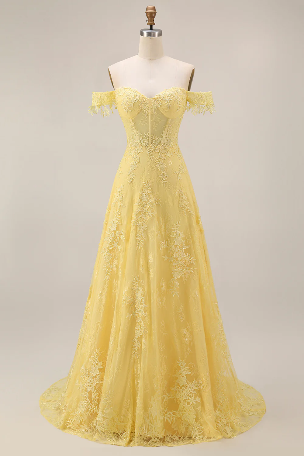 Off the Shoulder Yellow Lace A-Line Corset Long Prom Dress - Image 5