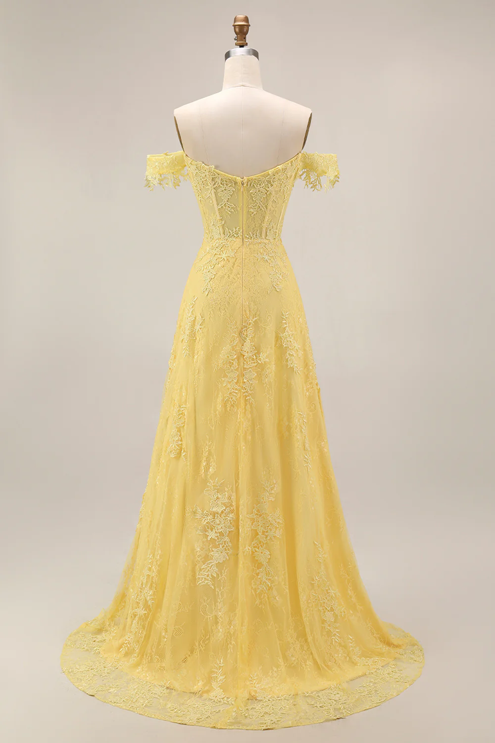 Off the Shoulder Yellow Lace A-Line Corset Long Prom Dress - Image 6