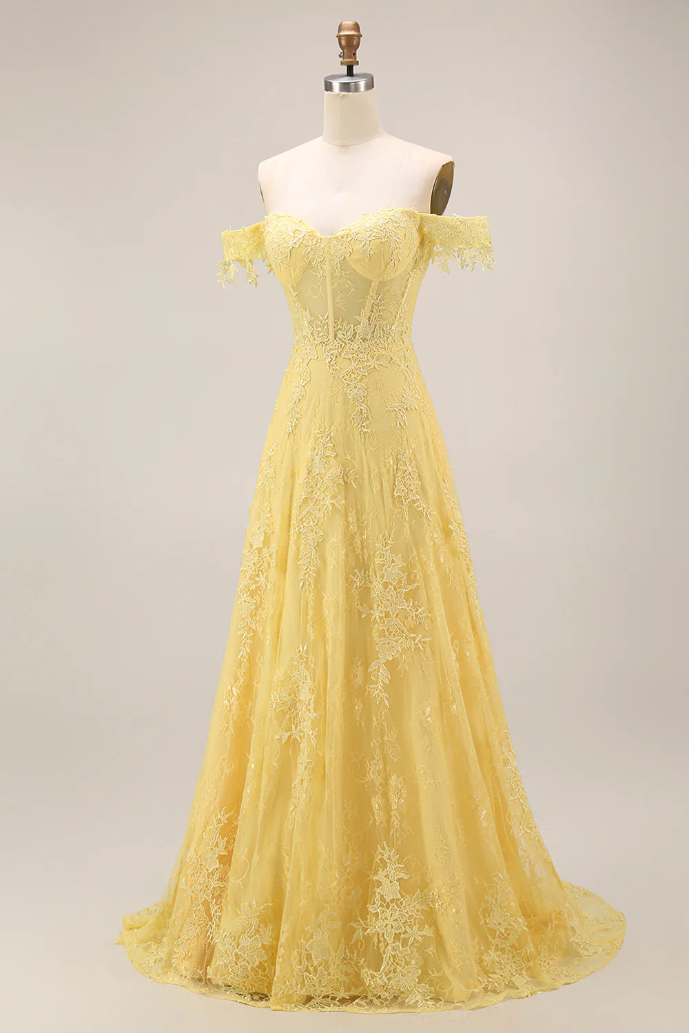 Off the Shoulder Yellow Lace A-Line Corset Long Prom Dress - Image 7