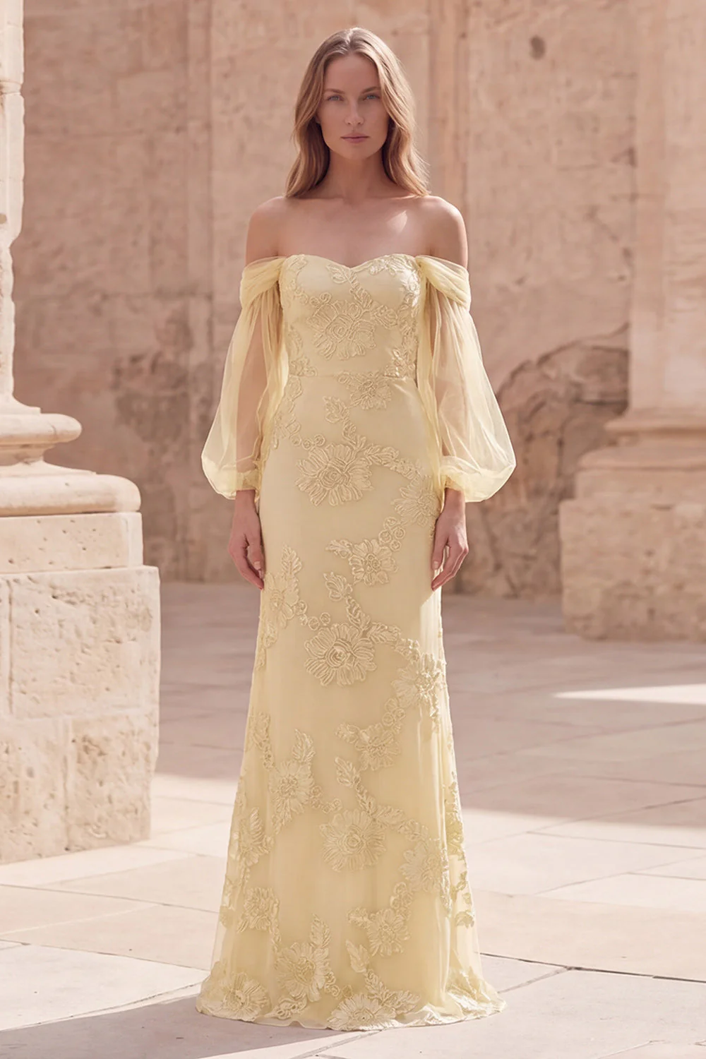 Off the Shoulder Yellow Mermaid Embroidered Long Prom Dress