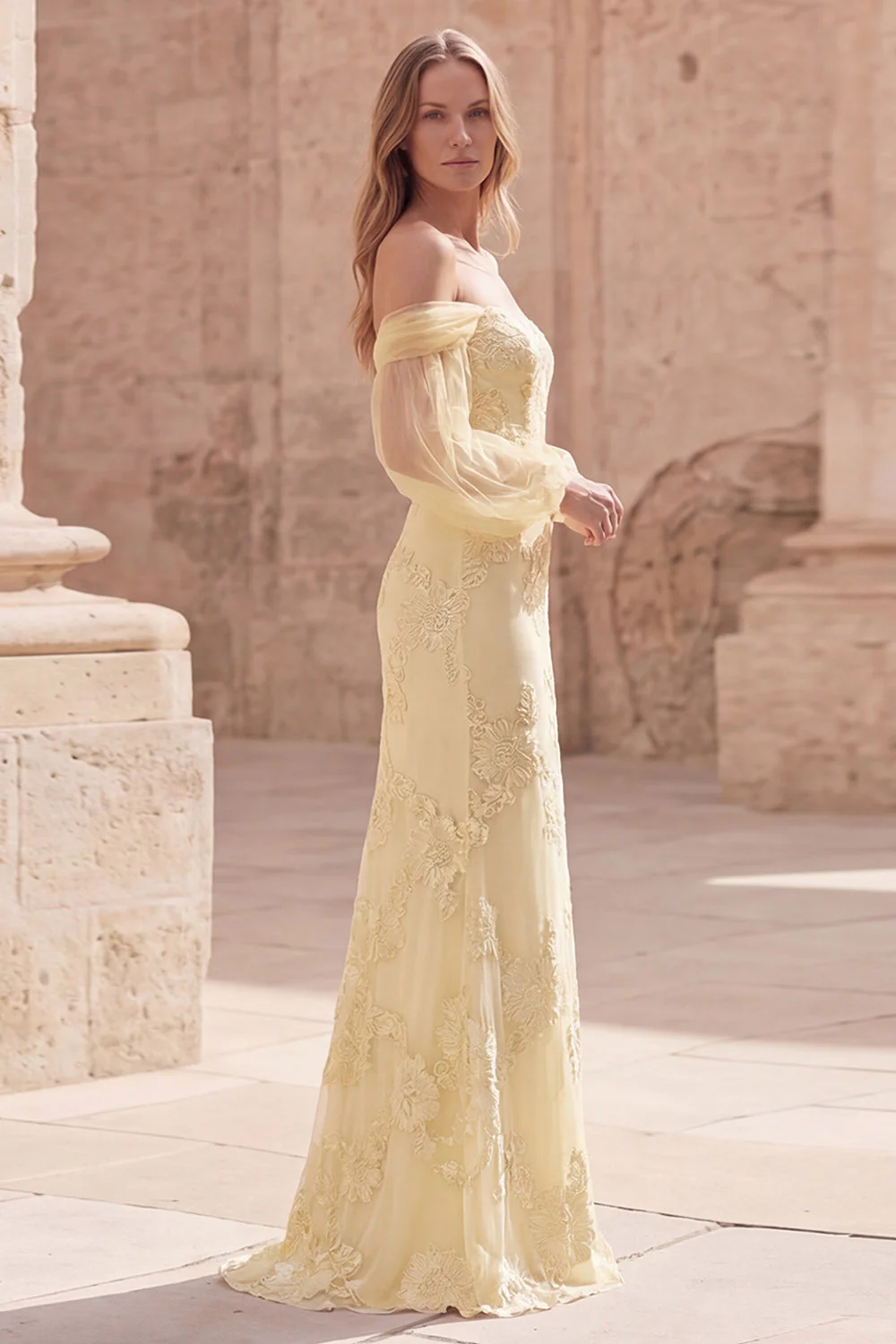 Off the Shoulder Yellow Mermaid Embroidered Long Prom Dress - Image 3