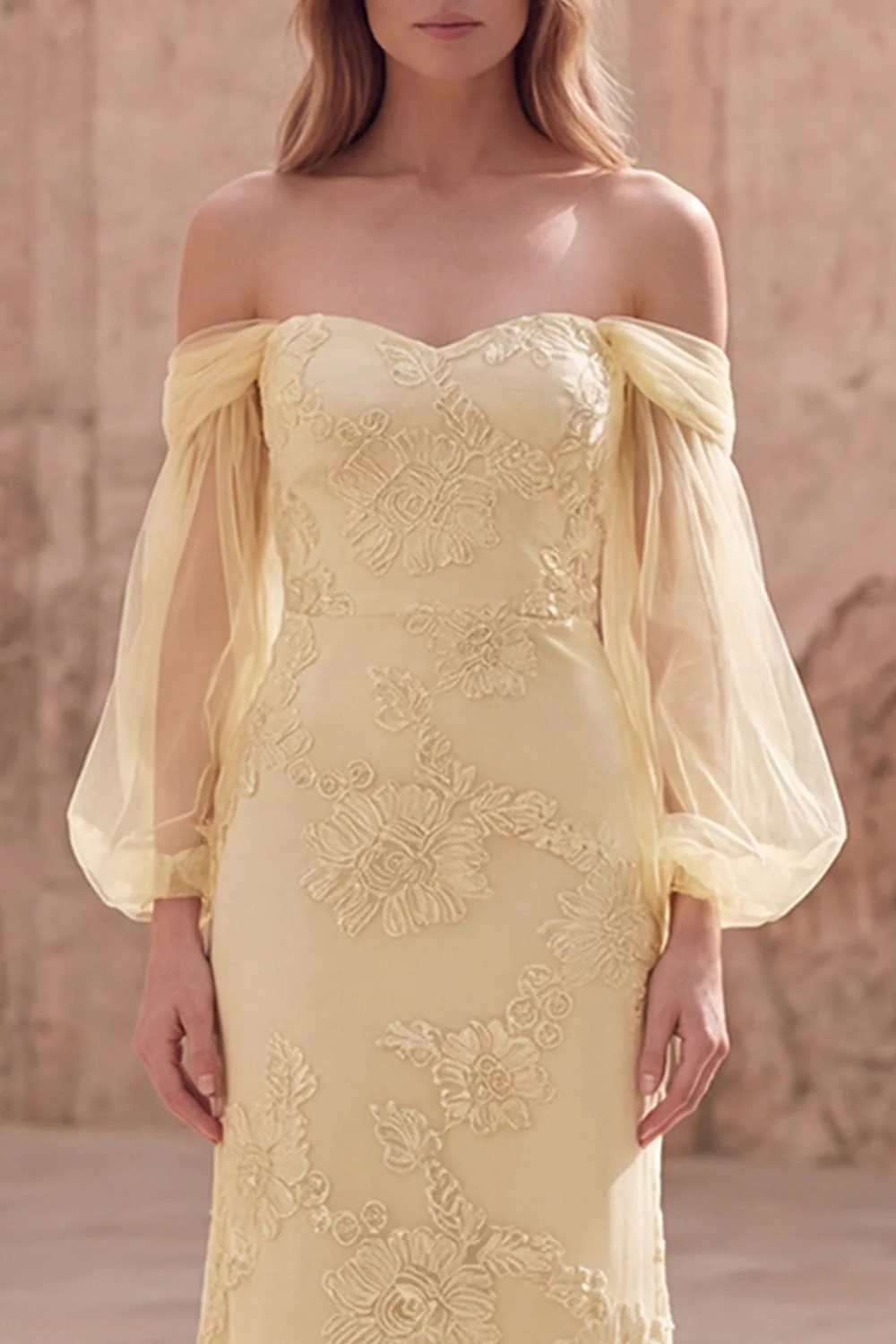 Off the Shoulder Yellow Mermaid Embroidered Long Prom Dress - Image 4