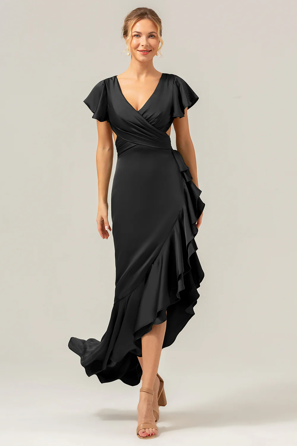 Olive A Line V Neck Satin Asymmetrical Bridesmaid Dress with Ruffle Slit - Image 10