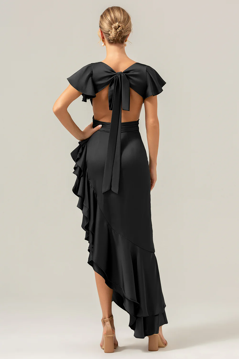 Olive A Line V Neck Satin Asymmetrical Bridesmaid Dress with Ruffle Slit - Image 11