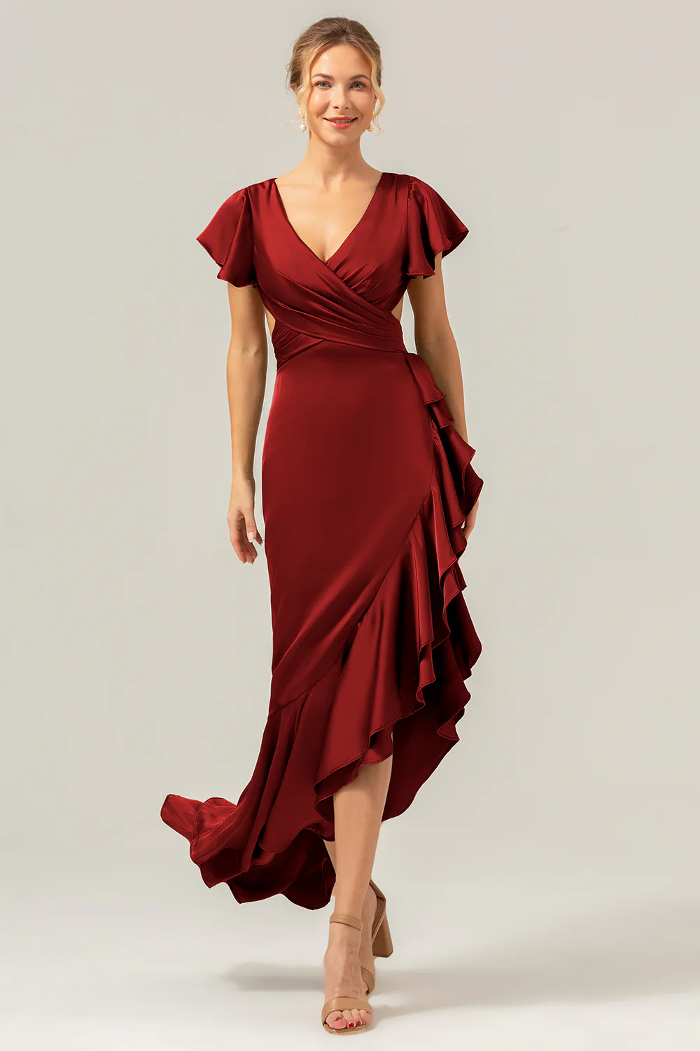 Olive A Line V Neck Satin Asymmetrical Bridesmaid Dress with Ruffle Slit - Image 12