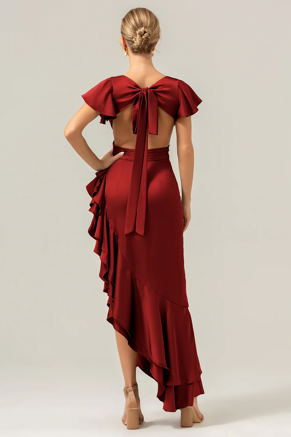 Olive A Line V Neck Satin Asymmetrical Bridesmaid Dress with Ruffle Slit - Image 13