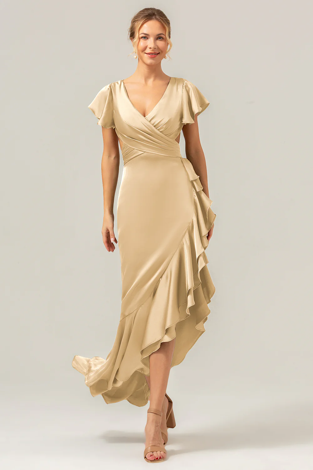 Olive A Line V Neck Satin Asymmetrical Bridesmaid Dress with Ruffle Slit - Image 14
