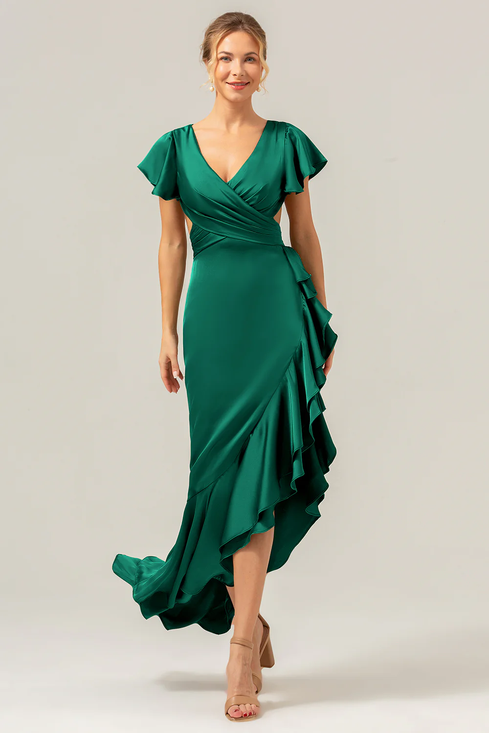 Olive A Line V Neck Satin Asymmetrical Bridesmaid Dress with Ruffle Slit - Image 16