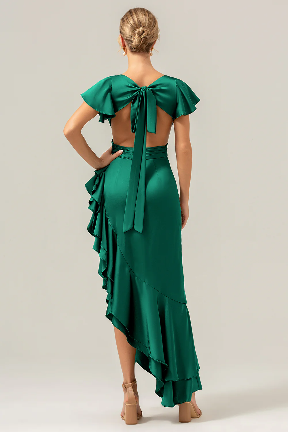 Olive A Line V Neck Satin Asymmetrical Bridesmaid Dress with Ruffle Slit - Image 17