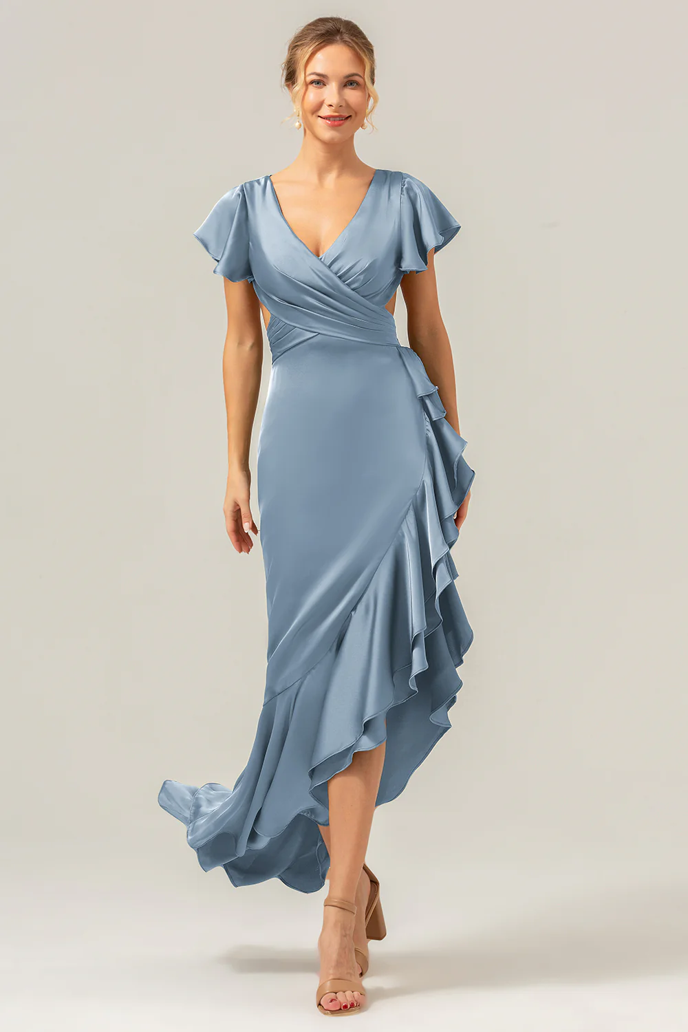 Olive A Line V Neck Satin Asymmetrical Bridesmaid Dress with Ruffle Slit - Image 18