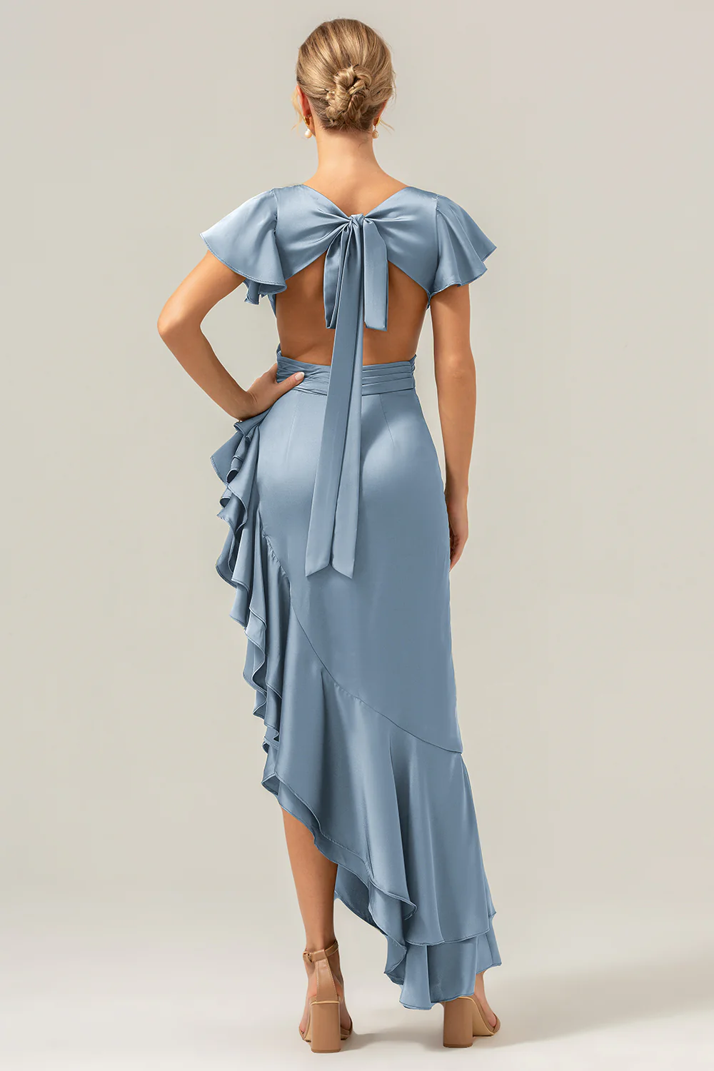 Olive A Line V Neck Satin Asymmetrical Bridesmaid Dress with Ruffle Slit - Image 19