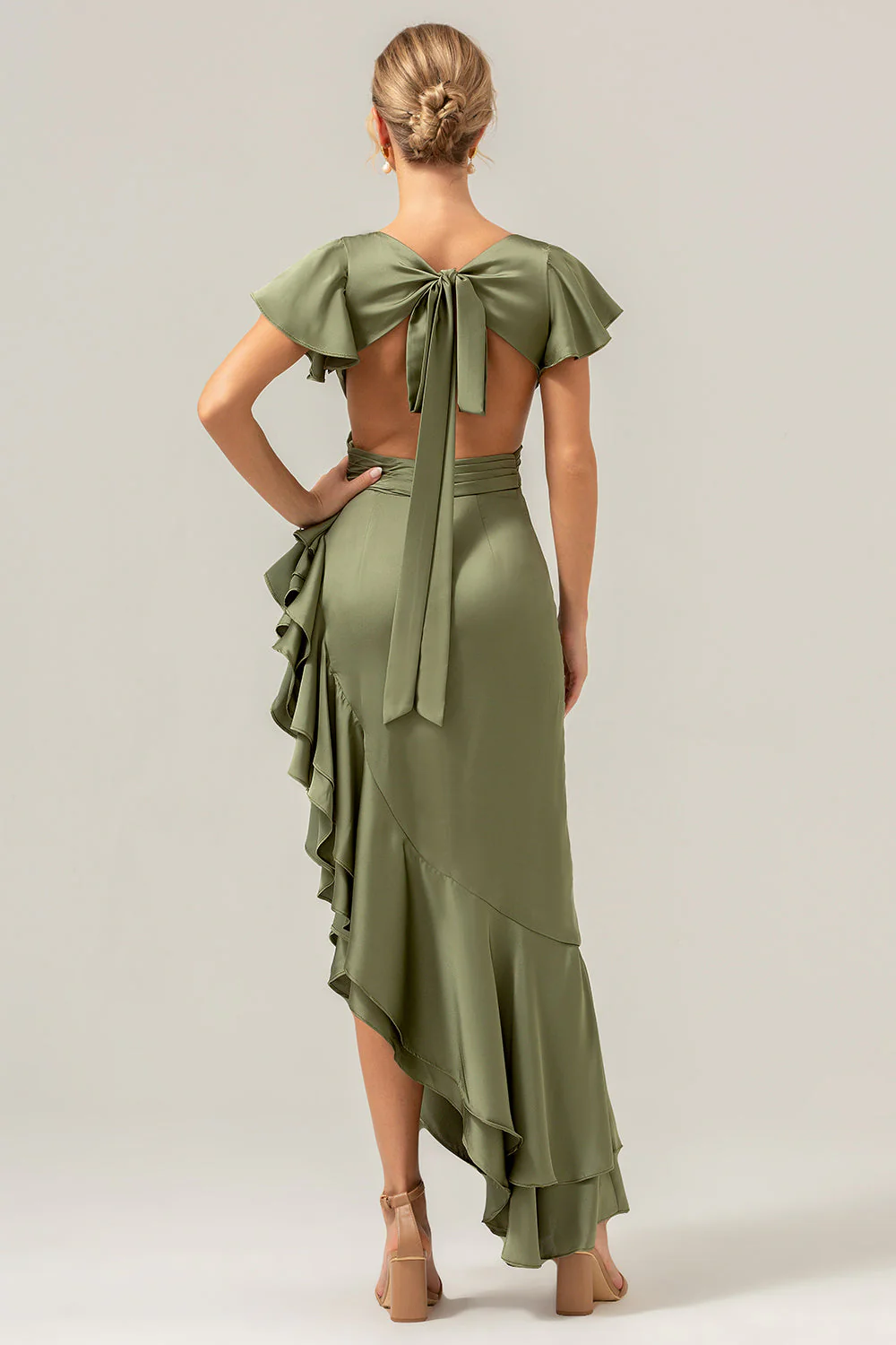 Olive A Line V Neck Satin Asymmetrical Bridesmaid Dress with Ruffle Slit - Image 2