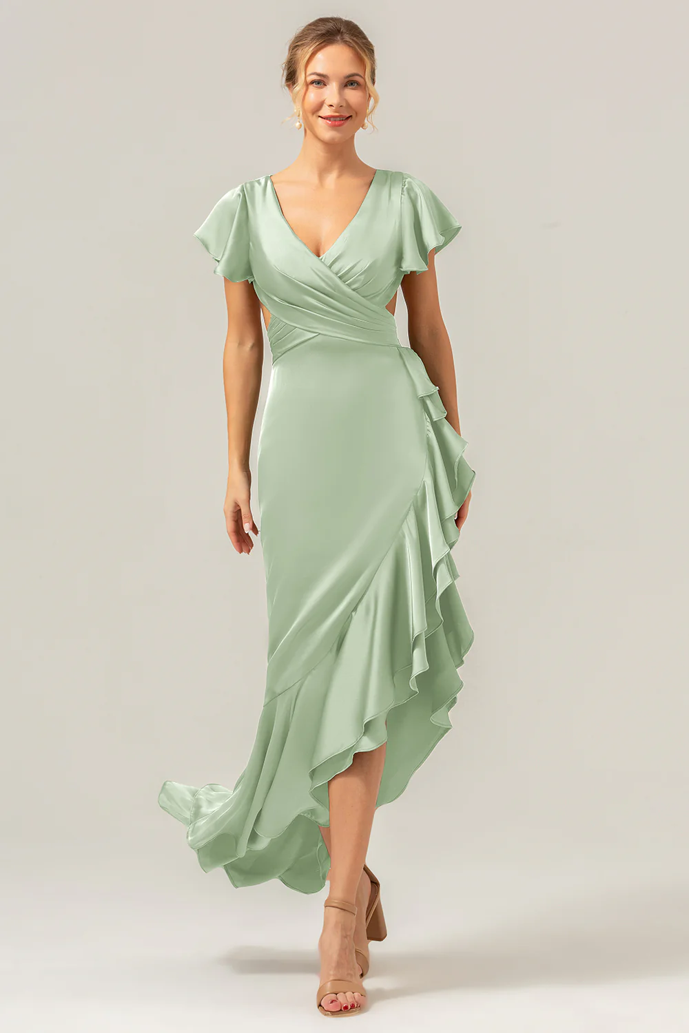 Olive A Line V Neck Satin Asymmetrical Bridesmaid Dress with Ruffle Slit - Image 20