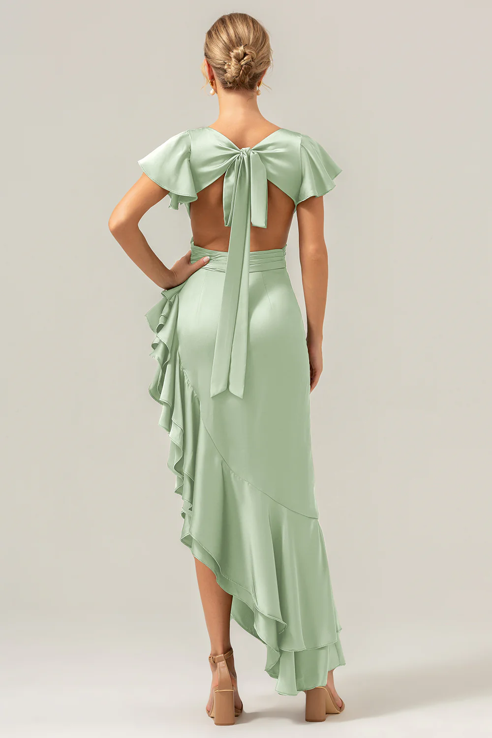 Olive A Line V Neck Satin Asymmetrical Bridesmaid Dress with Ruffle Slit - Image 21