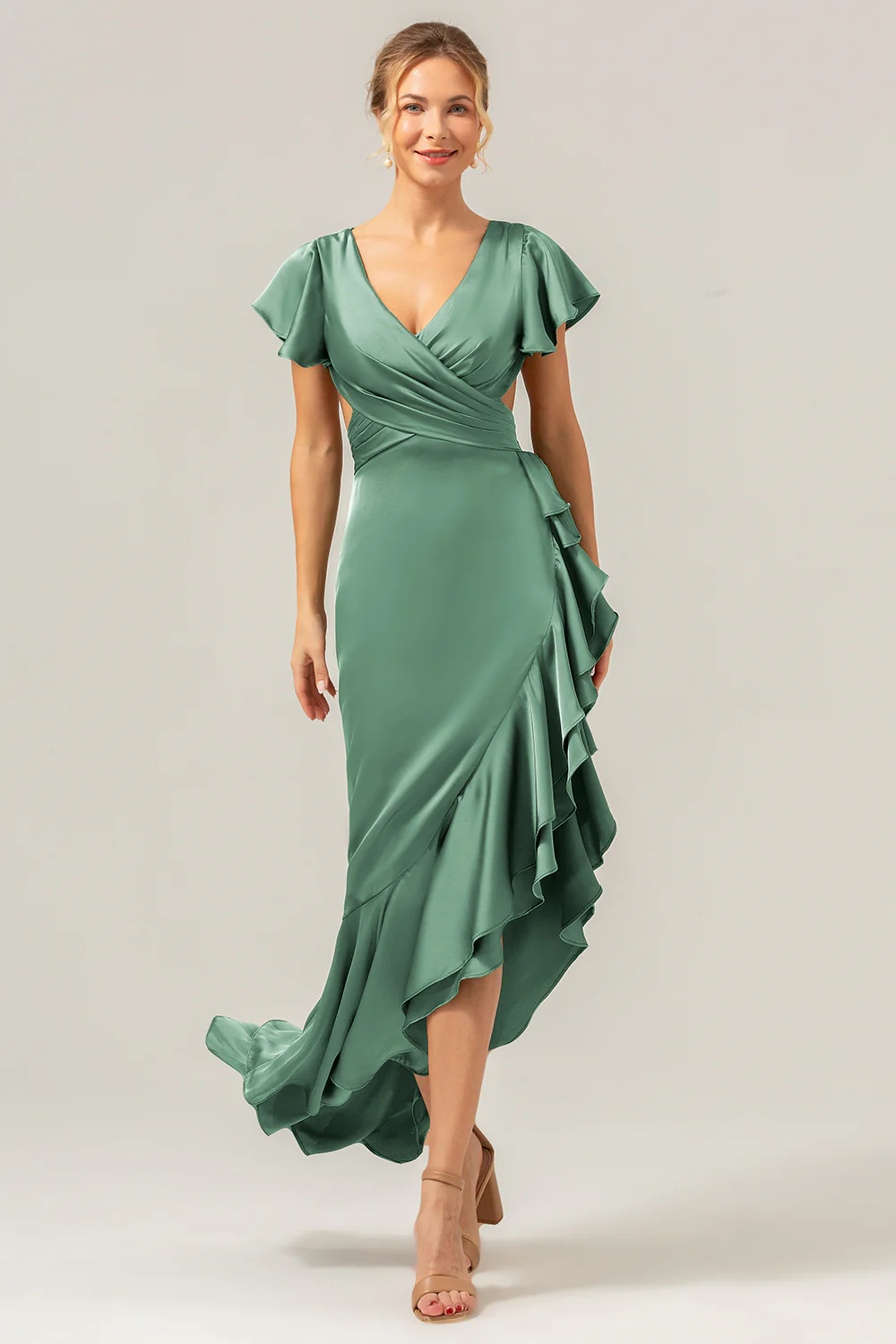 Olive A Line V Neck Satin Asymmetrical Bridesmaid Dress with Ruffle Slit - Image 22