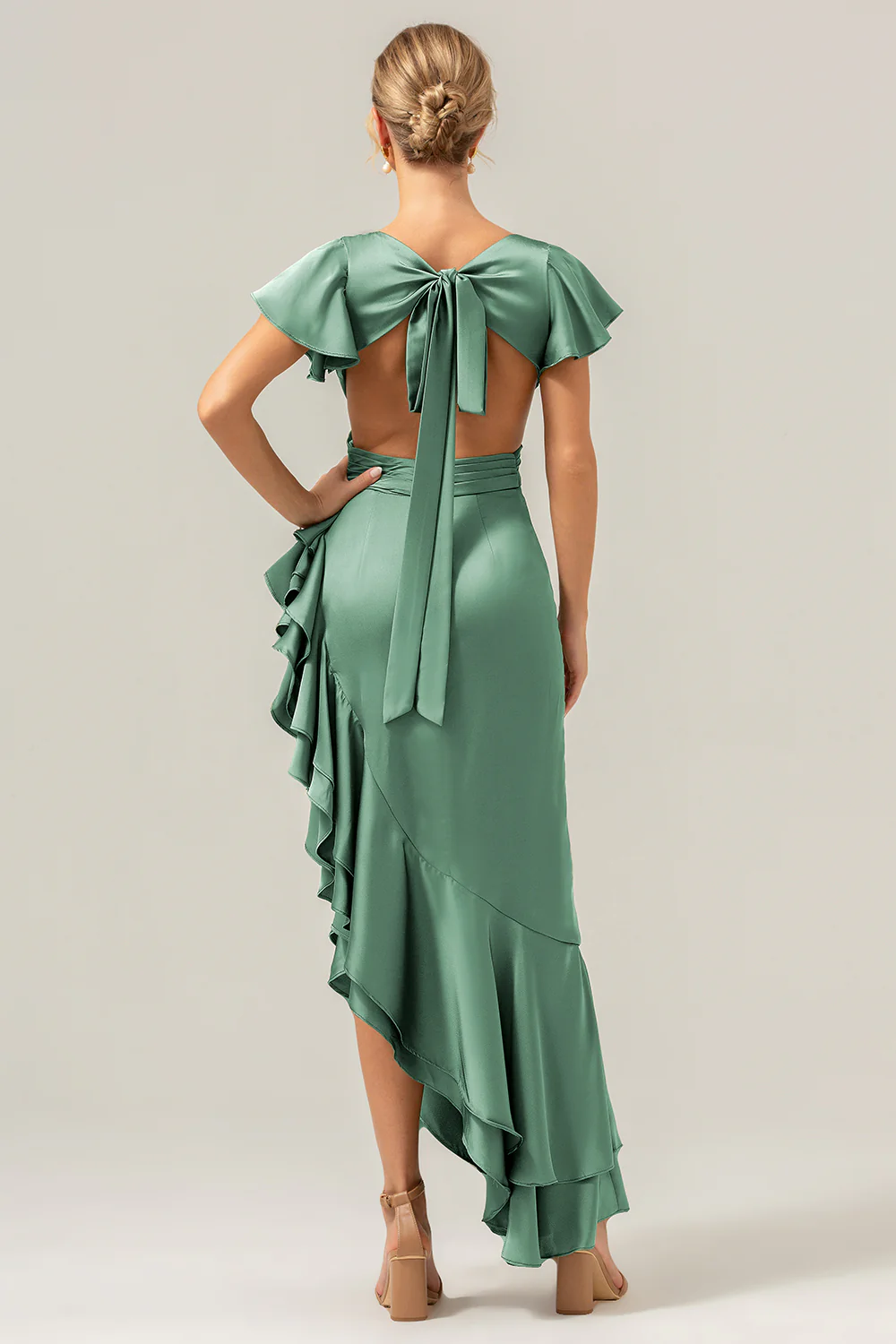 Olive A Line V Neck Satin Asymmetrical Bridesmaid Dress with Ruffle Slit - Image 23