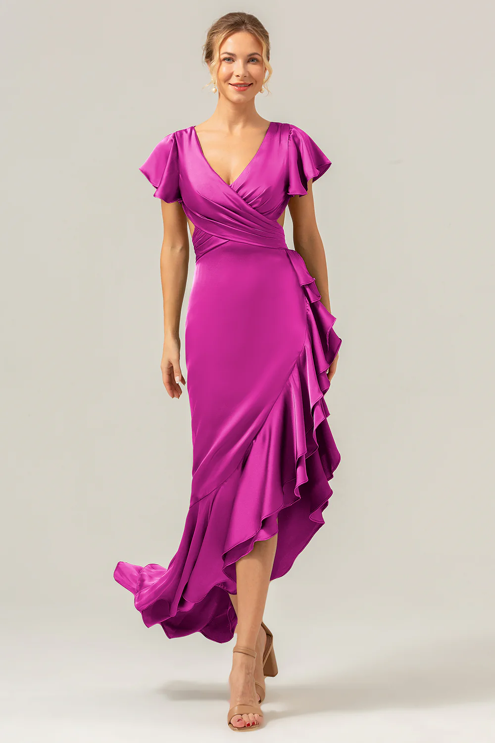 Olive A Line V Neck Satin Asymmetrical Bridesmaid Dress with Ruffle Slit - Image 24