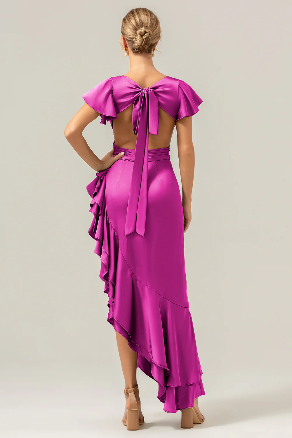 Olive A Line V Neck Satin Asymmetrical Bridesmaid Dress with Ruffle Slit - Image 25