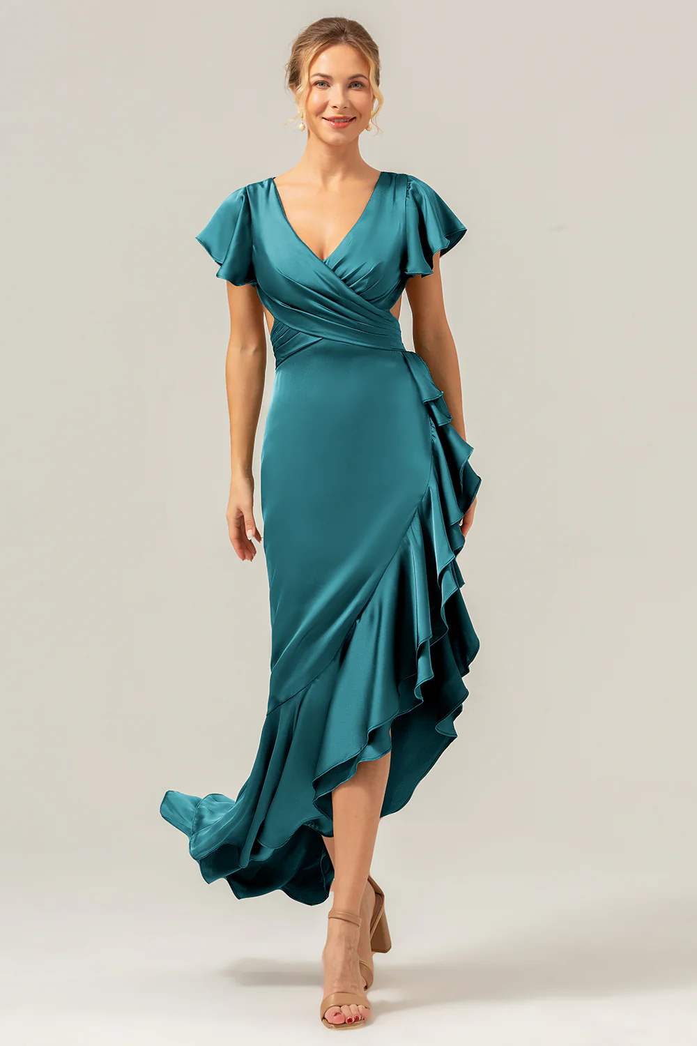 Olive A Line V Neck Satin Asymmetrical Bridesmaid Dress with Ruffle Slit - Image 26