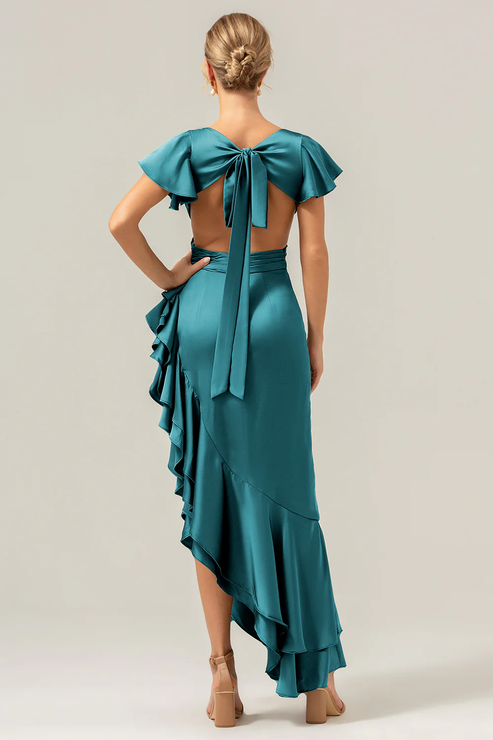 Olive A Line V Neck Satin Asymmetrical Bridesmaid Dress with Ruffle Slit - Image 27