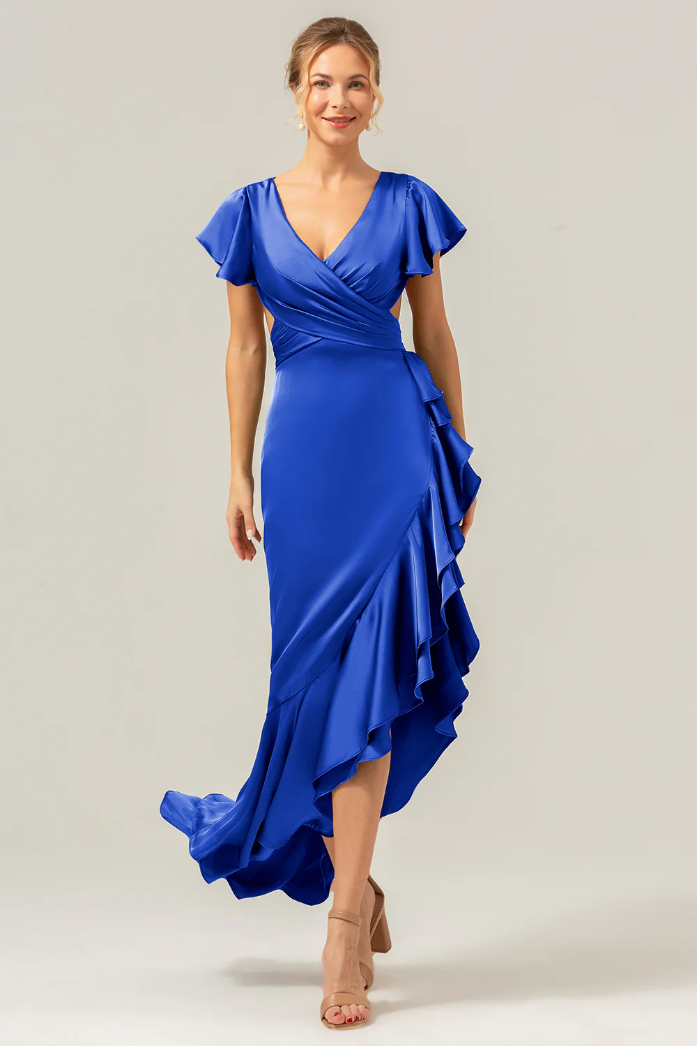 Olive A Line V Neck Satin Asymmetrical Bridesmaid Dress with Ruffle Slit - Image 28