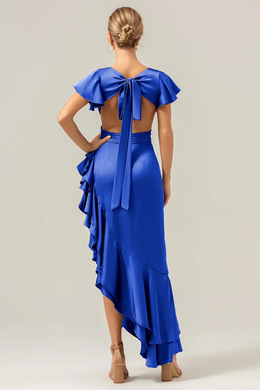 Olive A Line V Neck Satin Asymmetrical Bridesmaid Dress with Ruffle Slit - Image 29