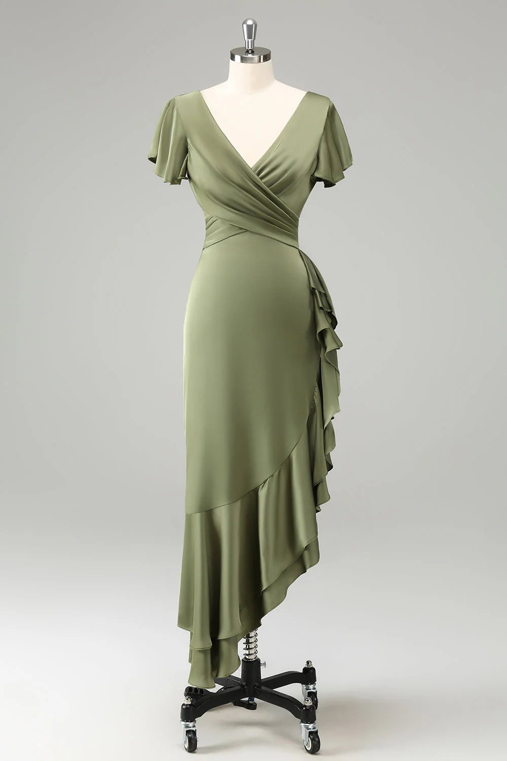 Olive A Line V Neck Satin Asymmetrical Bridesmaid Dress with Ruffle Slit - Image 3