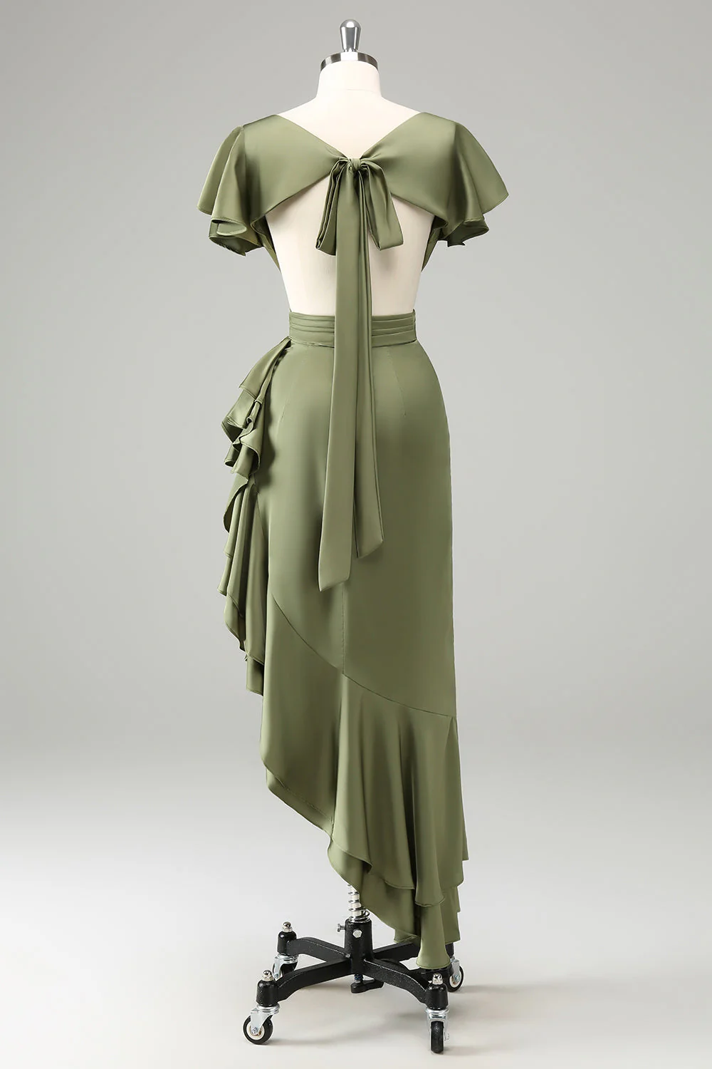 Olive A Line V Neck Satin Asymmetrical Bridesmaid Dress with Ruffle Slit - Image 4