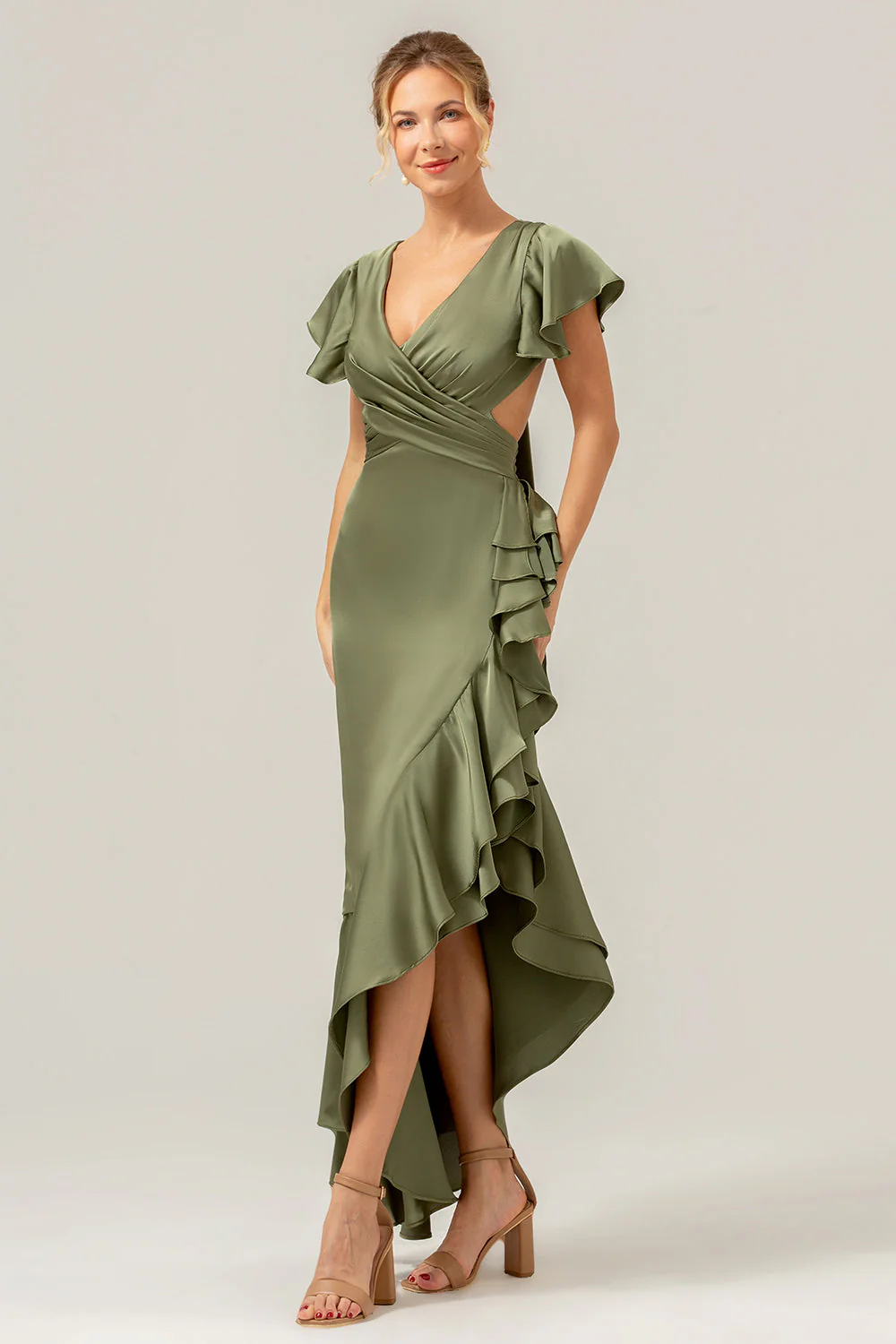Olive A Line V Neck Satin Asymmetrical Bridesmaid Dress with Ruffle Slit - Image 5