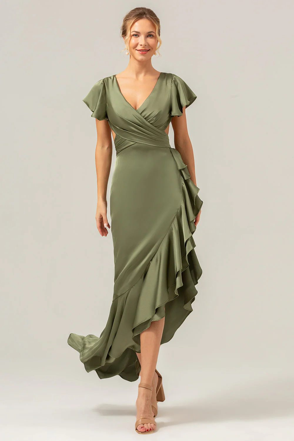 Olive A Line V Neck Satin Asymmetrical Bridesmaid Dress with Ruffle Slit - Image 6