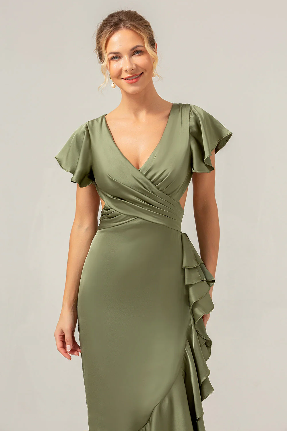 Olive A Line V Neck Satin Asymmetrical Bridesmaid Dress with Ruffle Slit - Image 7