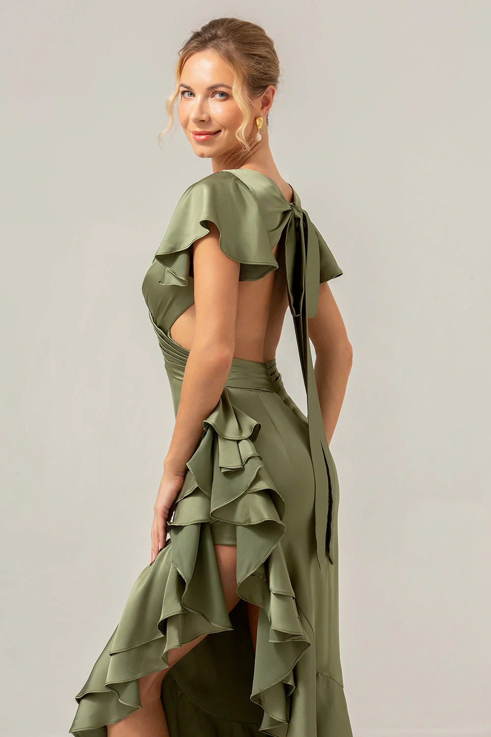 Olive A Line V Neck Satin Asymmetrical Bridesmaid Dress with Ruffle Slit - Image 8