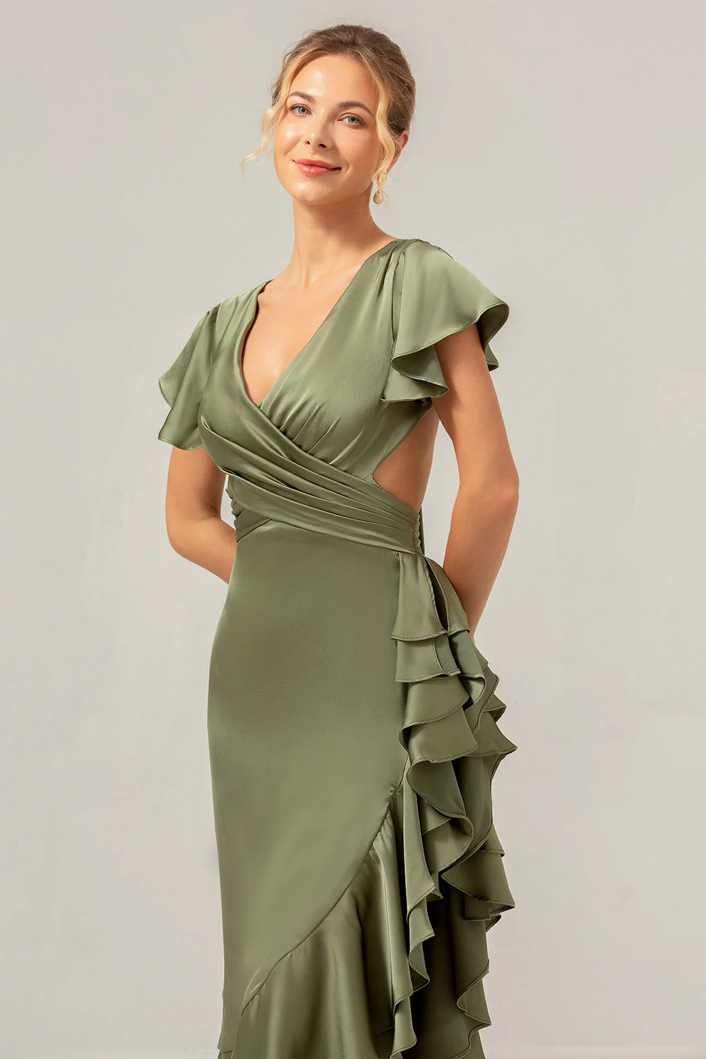 Olive A Line V Neck Satin Asymmetrical Bridesmaid Dress with Ruffle Slit - Image 9