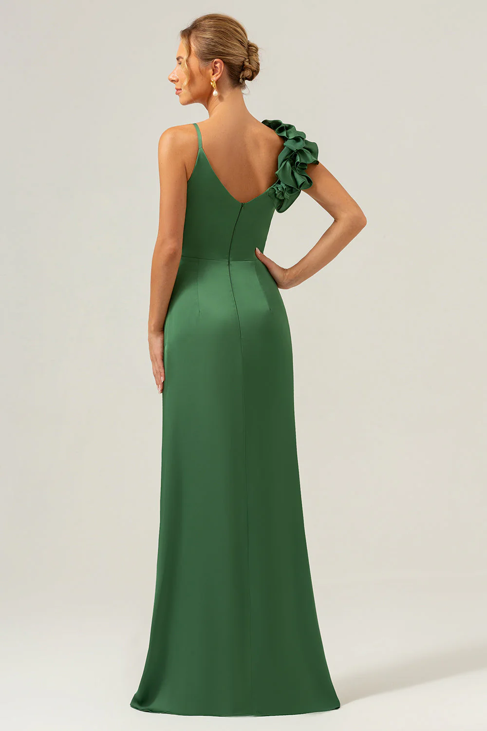 Olive Green Sheath Pleated Satin Long Bridesmaid Dress with Slit - Image 2