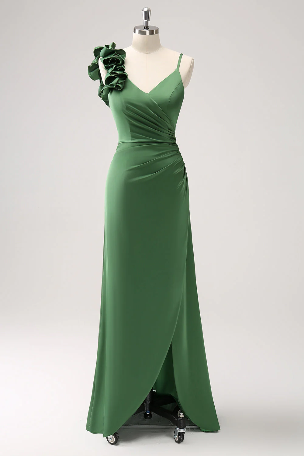 Olive Green Sheath Pleated Satin Long Bridesmaid Dress with Slit - Image 3