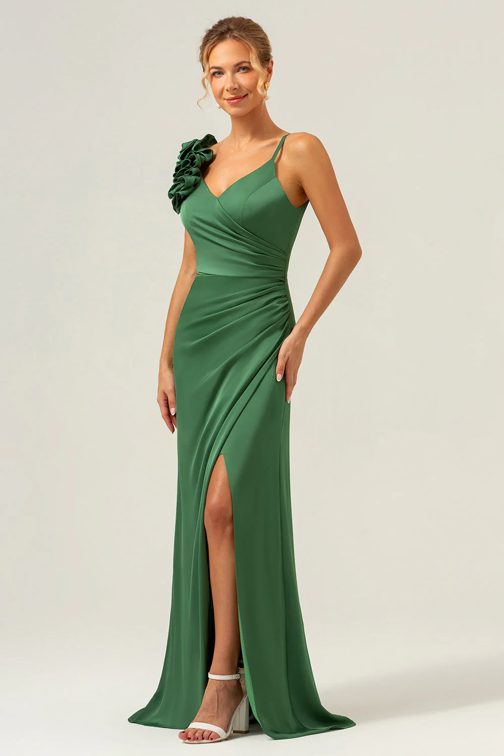 Olive Green Sheath Pleated Satin Long Bridesmaid Dress with Slit - Image 4