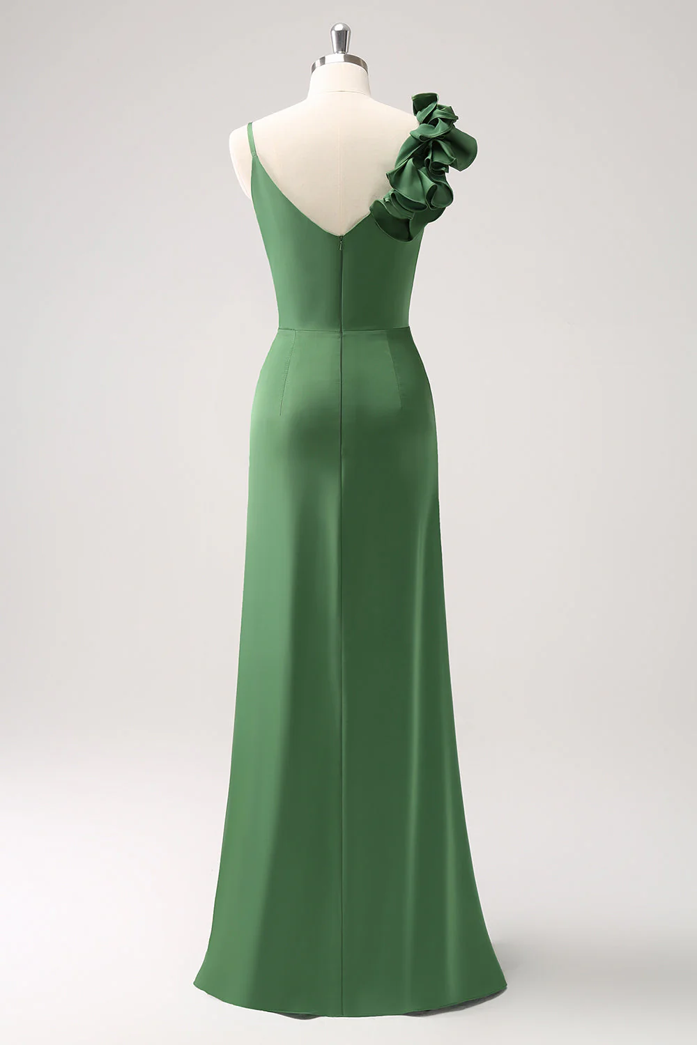 Olive Green Sheath Pleated Satin Long Bridesmaid Dress with Slit - Image 5