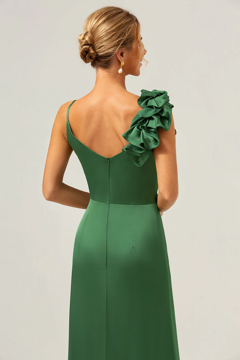 Olive Green Sheath Pleated Satin Long Bridesmaid Dress with Slit - Image 7