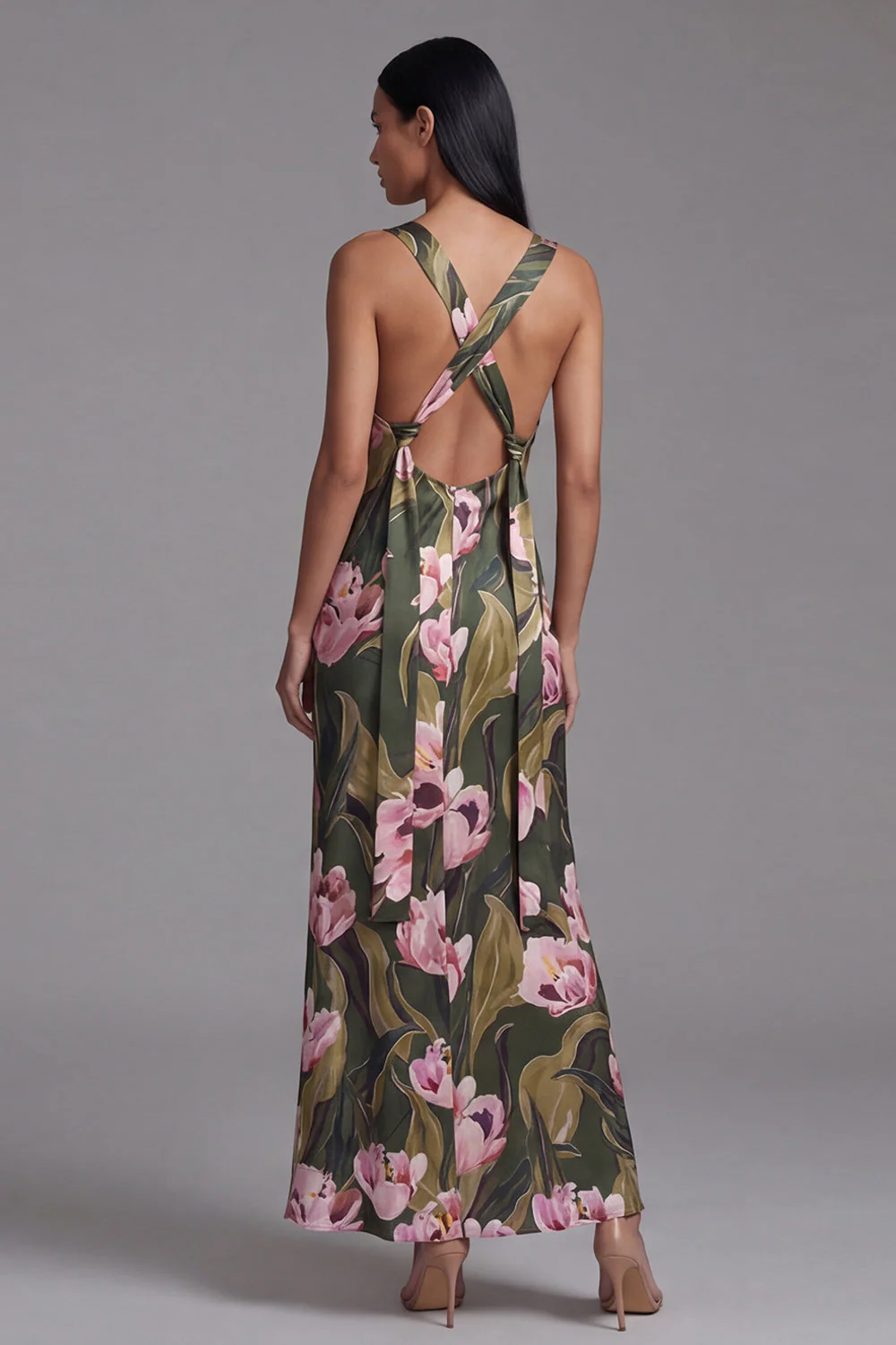 Olive Square Neck Printed Sheath Long Floral Dress - Image 2