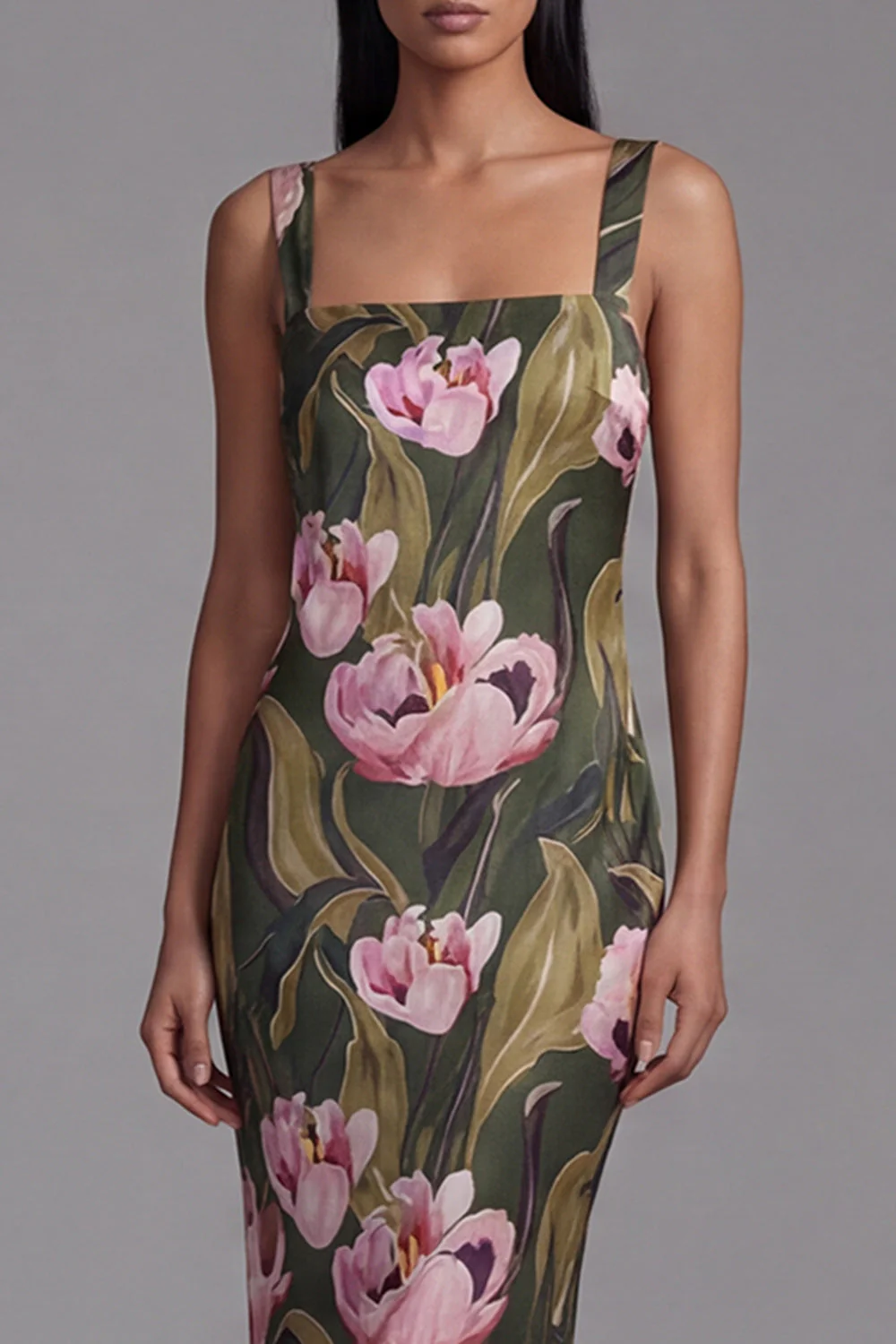 Olive Square Neck Printed Sheath Long Floral Dress - Image 3