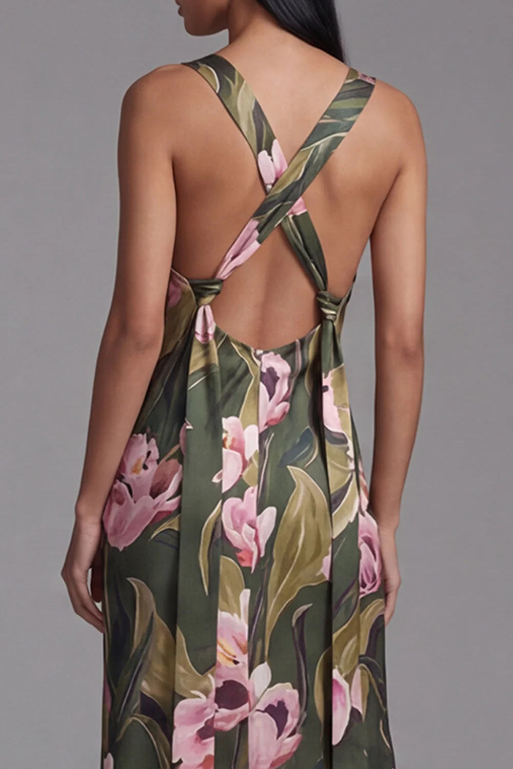Olive Square Neck Printed Sheath Long Floral Dress - Image 4