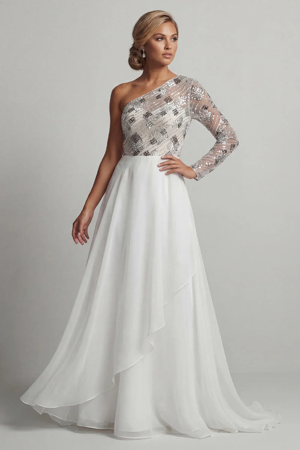 One Shoulder A Line White Sequin Mother Of the Bride Dress - Image 3