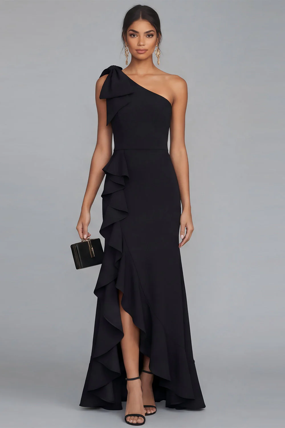 One Shoulder Black Sheath Long Evening Dress with Ruffle Slit