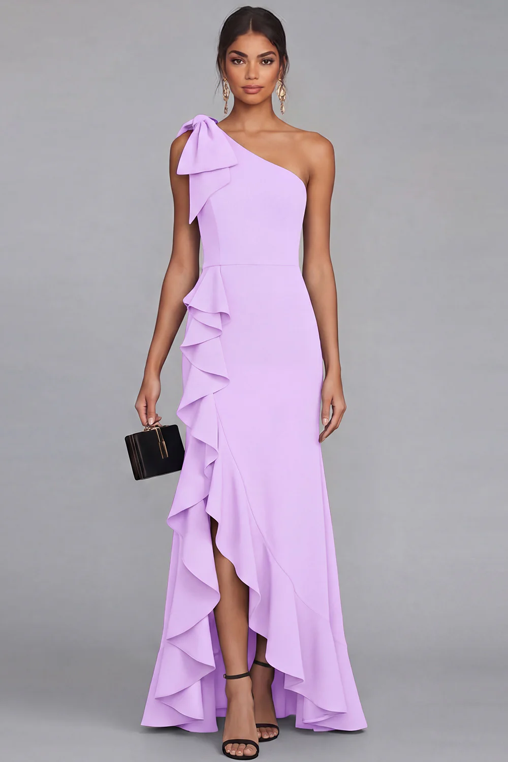 One Shoulder Black Sheath Long Evening Dress with Ruffle Slit - Image 10