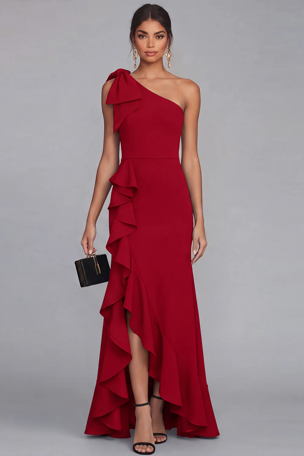 One Shoulder Black Sheath Long Evening Dress with Ruffle Slit - Image 11