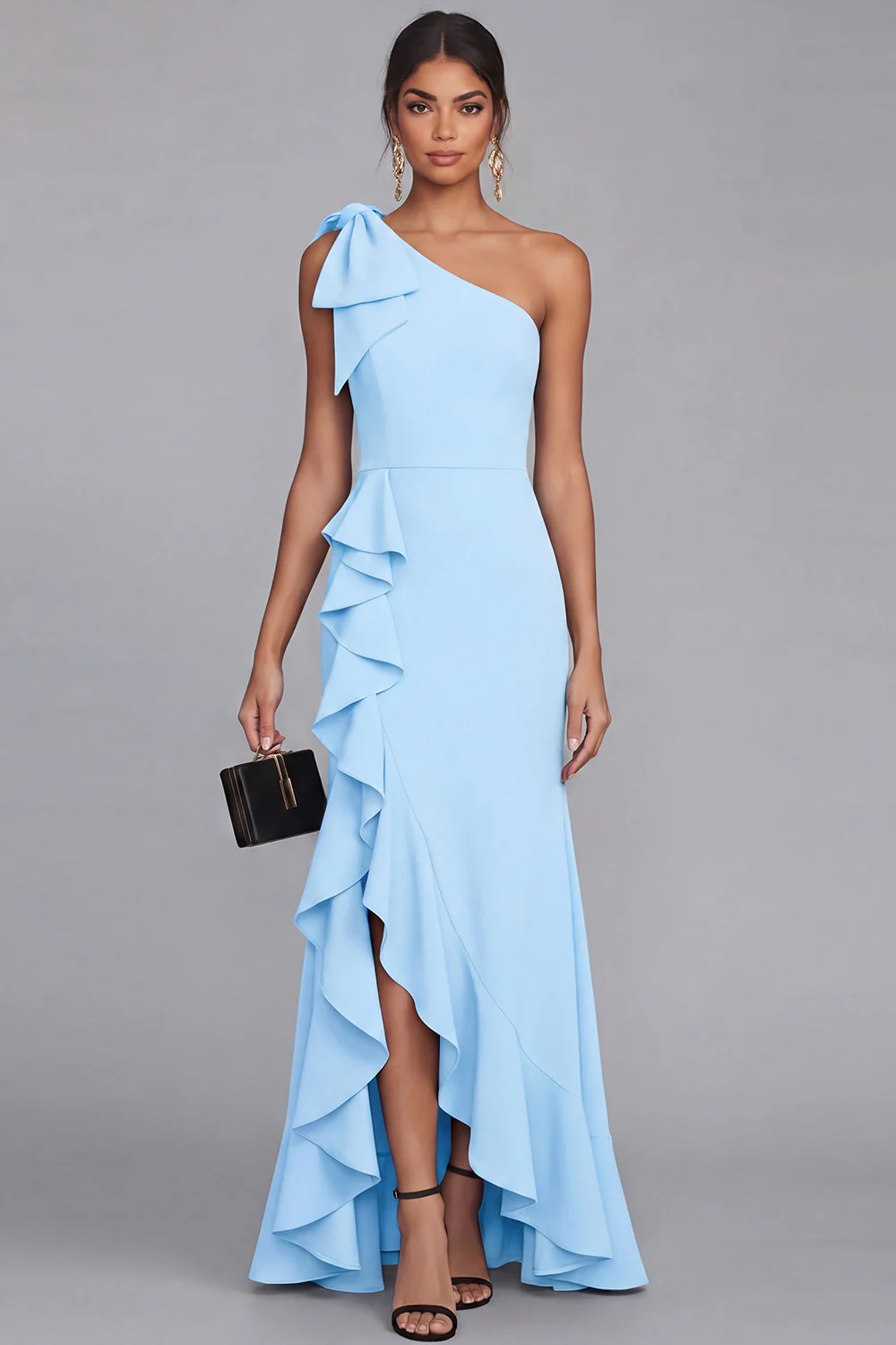 One Shoulder Black Sheath Long Evening Dress with Ruffle Slit - Image 12