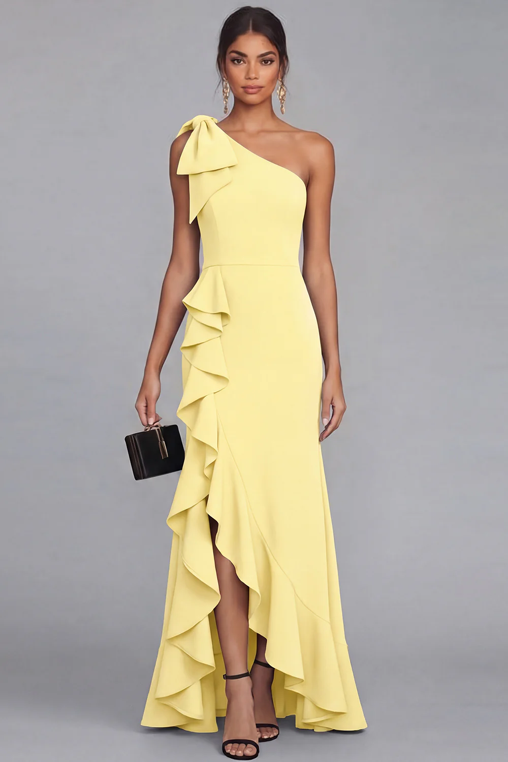 One Shoulder Black Sheath Long Evening Dress with Ruffle Slit - Image 13